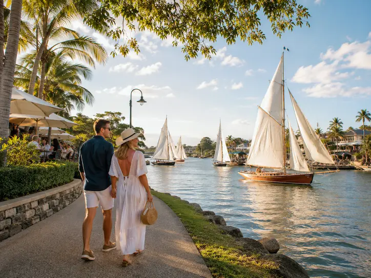 Couple walking along the Noosaville riverfront with classic sailboats on the Noosa River during regatta weekend.