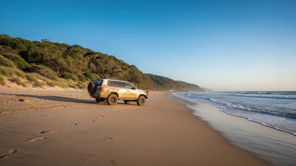 A four-wheel drive is parked on a wide sandy beach, with the blue ocean stretching out in the background and lush forested dunes lining the shore. This scene captures the natural beauty of the Sunshine Coast, highlighting its stunning beaches and inviting atmosphere perfect for day trips in the Noosa region.