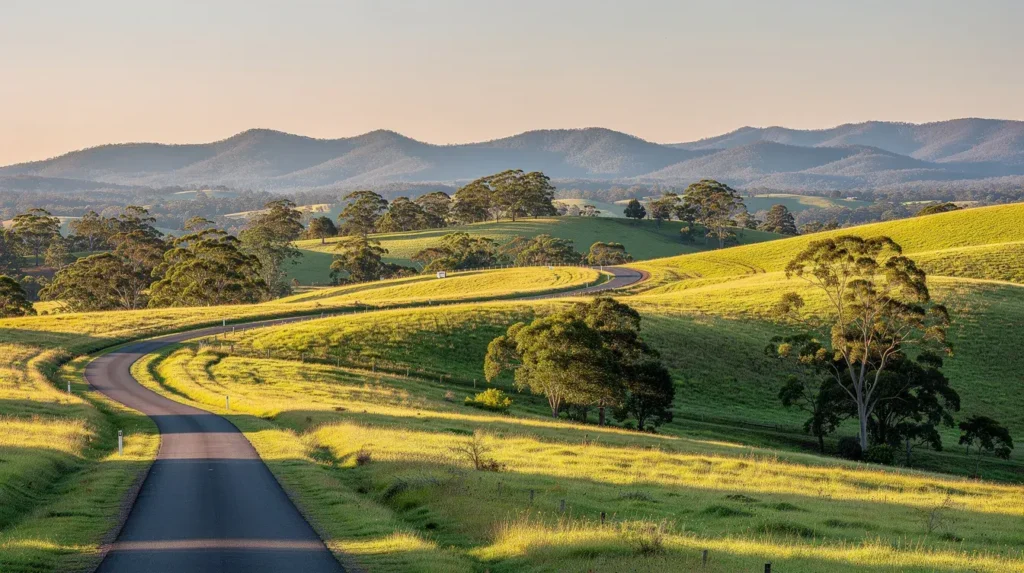This image captures the rolling green hills of the Noosa hinterland, framed by a winding country road that leads toward the distant Glass House Mountains. The scene showcases the natural beauty of the Sunshine Coast region, inviting viewers to explore its lush landscapes and tranquil surroundings.