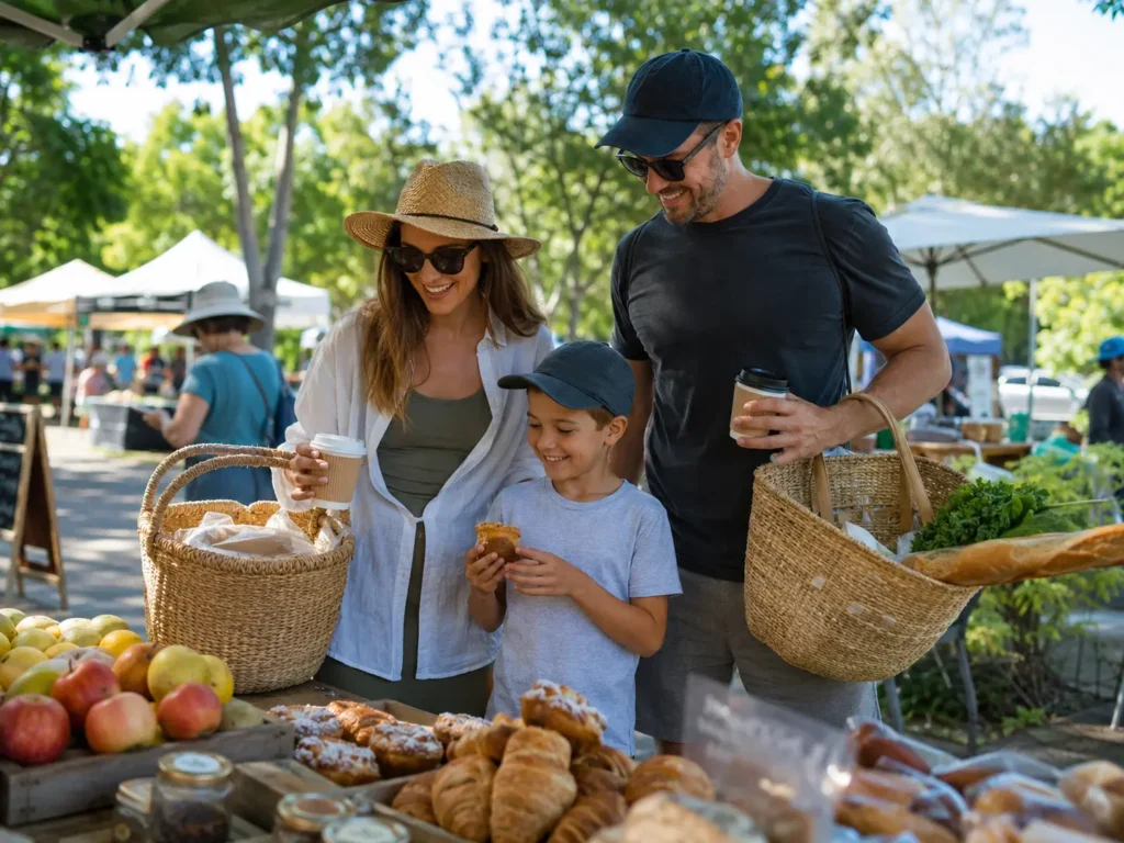 Family shopping at Noosa Farmers Market with coffee, pastries and reusable baskets on a sunny morning.