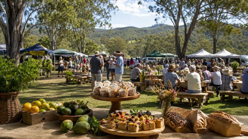 Country food festival scene in Mary Valley, Queensland, with local produce, picnic tables and market stalls under gum trees.