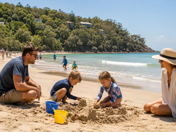 Children playing safely on the sand near Noosa Main Beach on a family holiday.