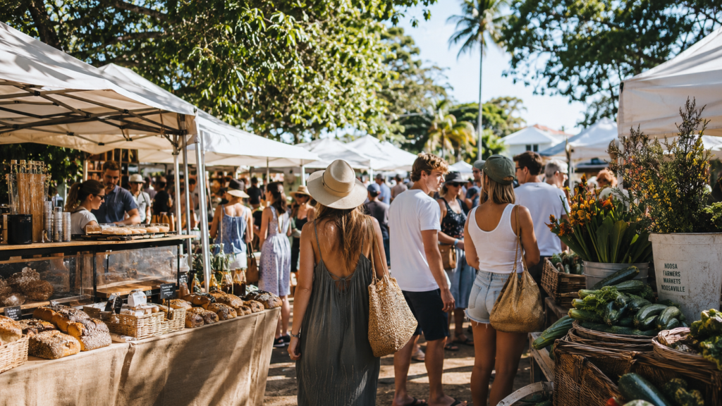 Busy Noosa Farmers Market scene with produce stalls, bread, flowers and shoppers on a sunny morning in Noosaville.