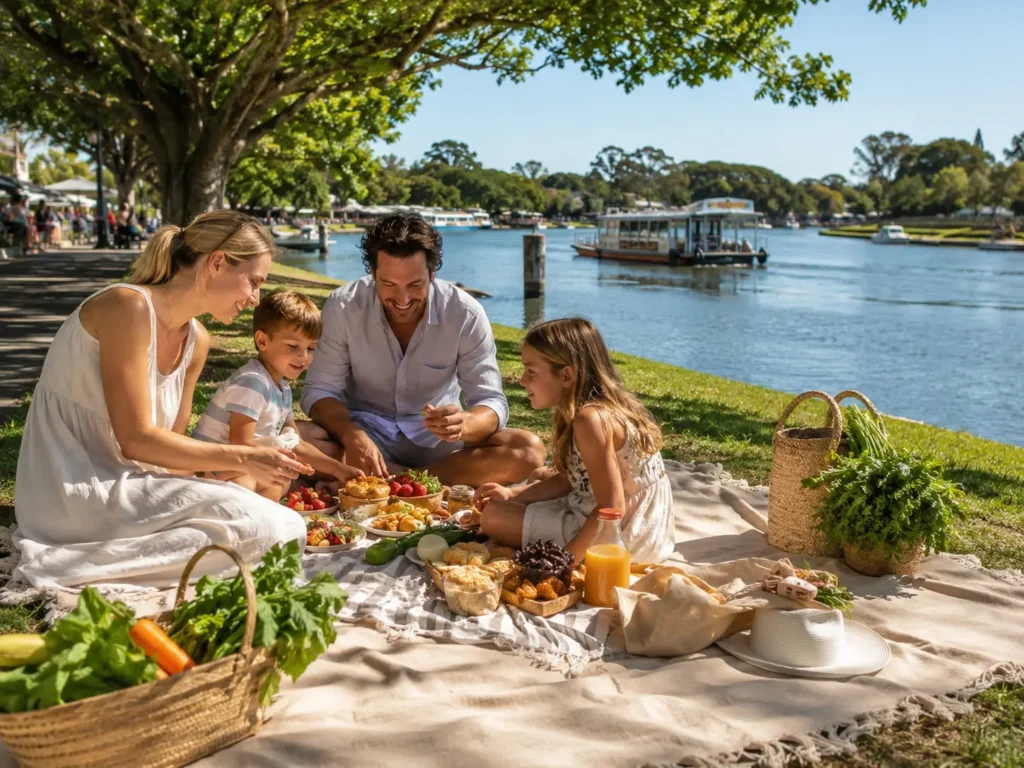 Family picnic by the Noosa River with fresh market food, shade and river views in Noosaville.