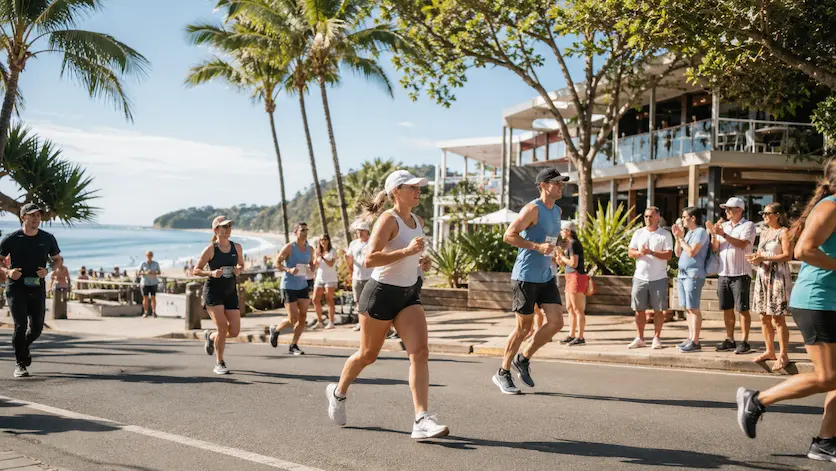Runners on a coastal road in Noosa Heads with spectators, palm trees and beachside scenery during marathon weekend.