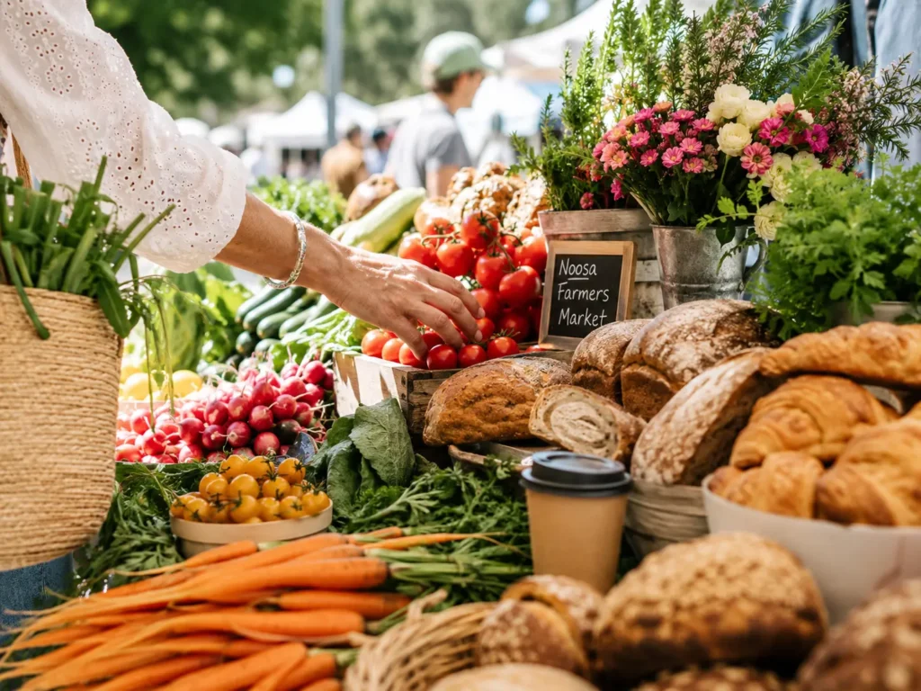 Close-up of fresh produce, bread, pastries and flowers at Noosa Farmers Market in Noosaville.