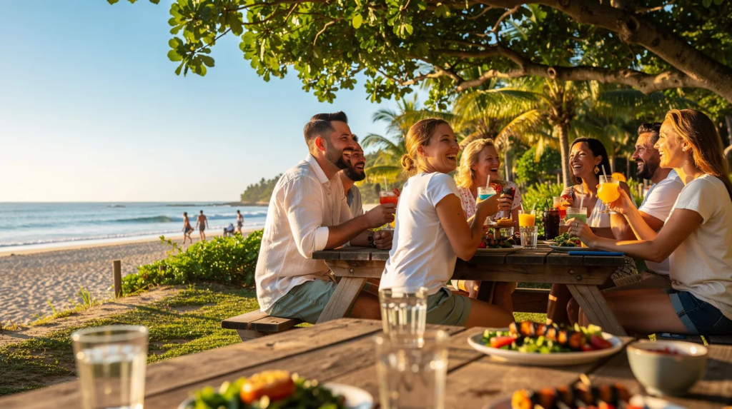 Guests are enjoying delicious food and refreshing drinks outdoors, surrounded by trees and picnic seating, with a sunny beach in the background, embodying the vibrant atmosphere of the Noosa Food and Wine Festival. The scene captures the essence of good times and indulgence at this unforgettable event on the Sunshine Coast.