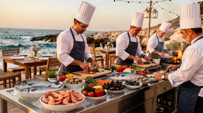 In an open outdoor kitchen, world-class chefs are skillfully preparing fresh seafood and vibrant vegetables, creating a mouth-watering display for guests at the Noosa Food and Wine Festival. The coastal dining area nearby offers a scenic backdrop, enhancing the unforgettable event experience.