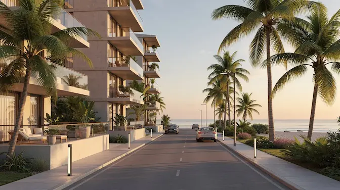 The image depicts modern beachside apartment balconies adorned with lush palm trees, situated along a tranquil coastal street, embodying the relaxed atmosphere of Noosa. This vibrant scene captures the essence of the Sunshine Coast, inviting guests to unwind and indulge in the upcoming Noosa Food and Wine Festival.
